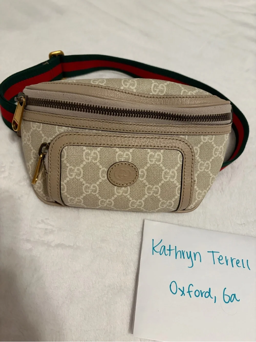 Gucci Tan GG Supreme Canvas Belt Bag with Red and Green Web Strap